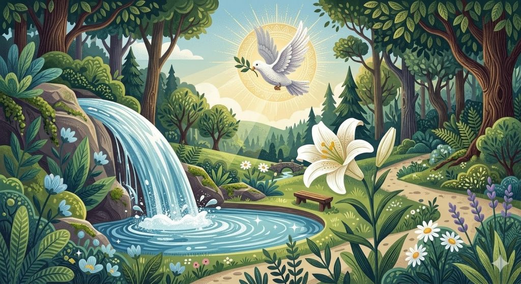 Purezza Originale e Preparazione - una sorgente d'acqua limpida che sgorga vicino a un giglio bianco immacolato